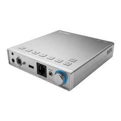 Modern silver audio interface with blue dial isolated on transparent background