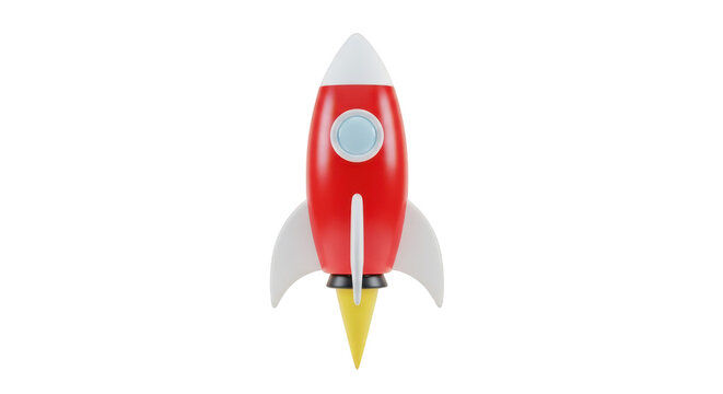 Red and white cartoon rocket with yellow flame isolated on a transparent background spaceship