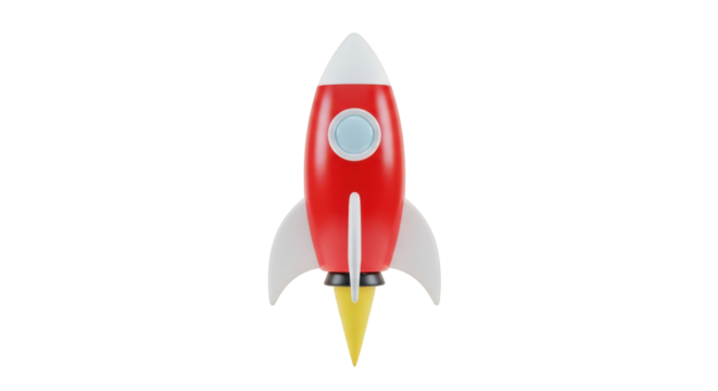 Red and white cartoon rocket with yellow flame isolated on a transparent background spaceship