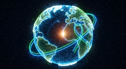 Futuristic digital globe with glowing network connections symbolizing worldwide data transmission and travel networks