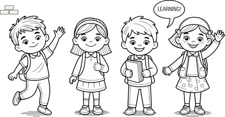 Happy school children coloring page with backpacks, learning activity illustration, educational drawing for kids, printable black and white worksheet