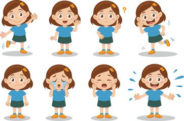 Cartoon girl showing different emotions and facial expressions, happy, sad, crying, surprised, thinking, confused, illustration for learning feelings