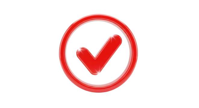 Red Check Mark Inside Circle with Glossy Finish isolated on a transparent background correct