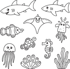 Naklejka premium Kids' doodle marine life set. Hand-drawn outline sea creatures for educational activities and coloring projects