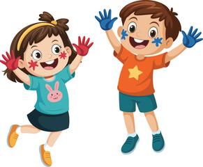 Happy cartoon kids with painted faces and colorful handprints, children playing together in fun activity, creative art and joyful expression