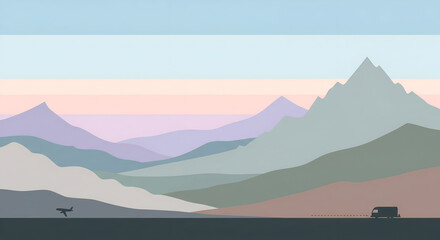 Serene mountain landscape with vibrant pastel skies and a traveling van, perfect for travel and adventure