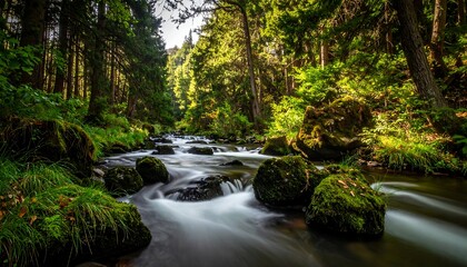 Forest stream in sunlight