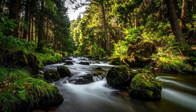 Forest stream in sunlight - Powered by Adobe