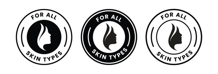 For all skin types label icon set. Face beauty women skin care packaging label for cream, toner, moisturizer, facial mask, lotion, logo, badge, symbol, black, line vector, isolated on white background