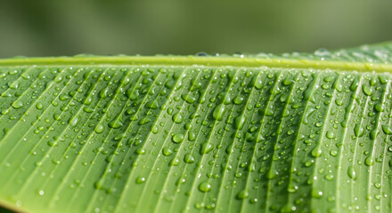 Vibrant green banana leaf glistening with water droplets, perfect for natural beauty or spa concepts
