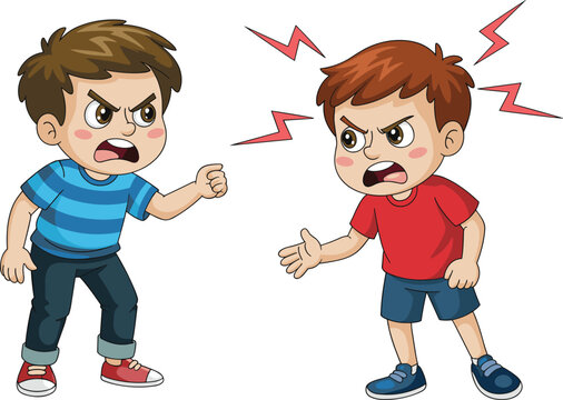 Two angry boys arguing loudly, children fighting and shouting, cartoon kids conflict illustration, emotional expressions, bad behavior, childhood quarrel scene