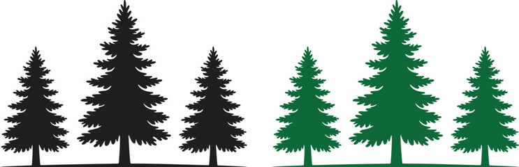 Pine tree silhouette vector illustration, forest tree icon. pine tree icon green and black silhouette vector illustration on transparent background. Tree and forest silhouettes vector .