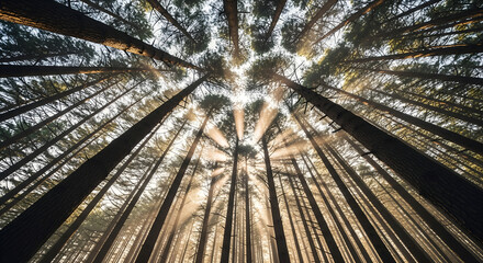 Sunlight streams through towering pine trees in a majestic forest creating a peaceful, ethereal atmosphere