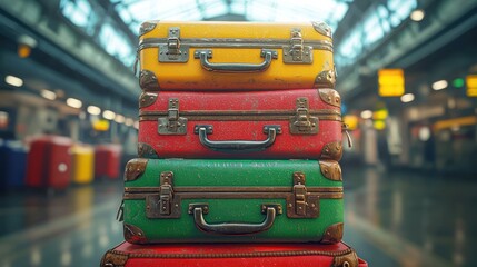 Stacked vintage suitcases at a blurred terminal
