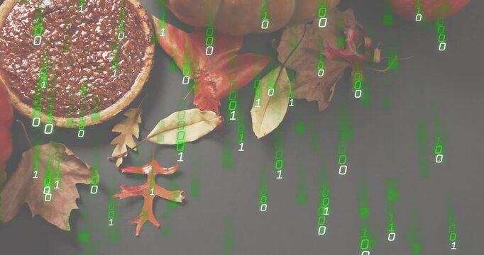 Green binary streams emerging at top cascading over pumpkin tart and fall leaves visualizing data