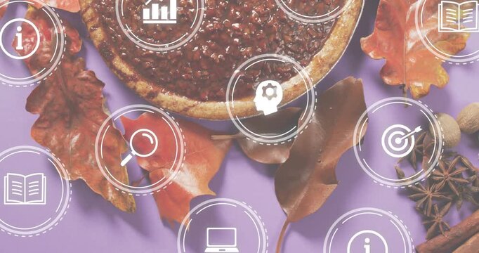After globe icon entering left edge, icons swooping in around central tart forming recipe interface