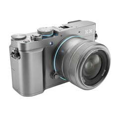 Silver digital camera with lens isolated on transparent background