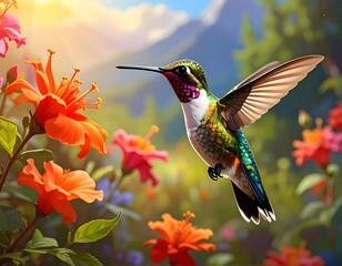 Fototapeta premium A Hummingbird Soaring Amidst Vibrant Flowers