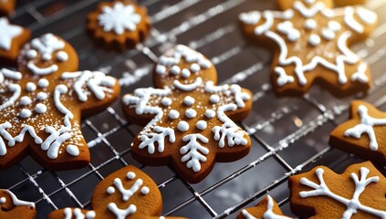 Close-up of festive gingerbread cookies, decorated with white icing, arranged on a cooling rack.