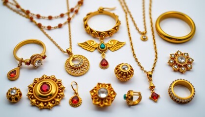 Stunning collection of gold jewelry isolated on white, showcasing intricate designs and craftsmanship. Perfect for e-commerce, catalogs, and advertising, pendant, earrings, ornate
