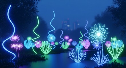 A serene, futuristic garden where plants are made of flexible, neon tubes that pulse with light.