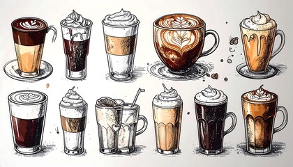 Array of stylized coffee drinks with varied textures, swirls, and toppings