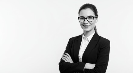 Confident young businesswoman in formal suit with eyeglasses posing in studio with arms crossed and bright white background