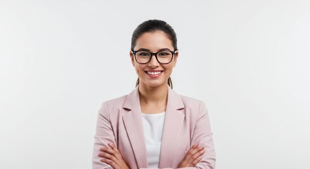 Confident young businesswoman in formal suit with eyeglasses posing in studio with arms crossed and bright white background