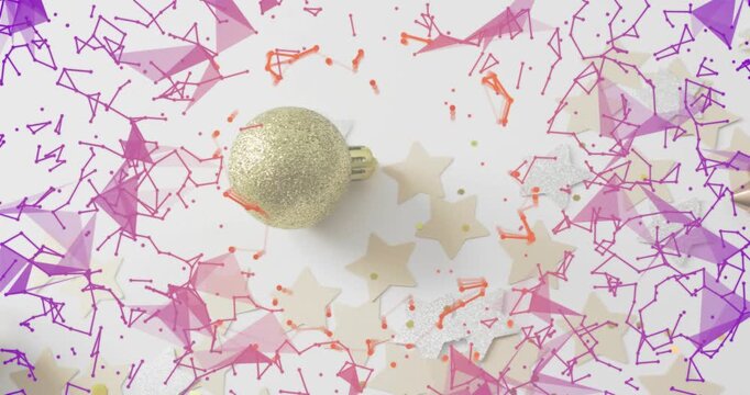 Digital confetti appearing swirling around ball, rolling off, bow entering, fading revealing center