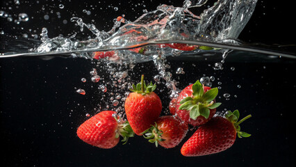Juicy red strawberries splash energetically in underwater environment with bubbles on dark background