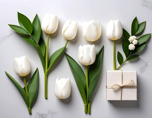 White tulips and gift box arrangement