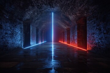 Neon tunnel, dark brick archways