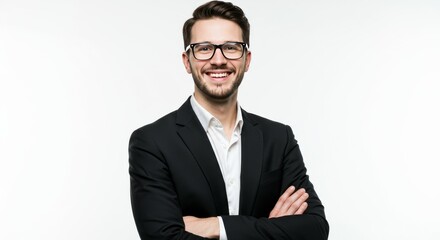 Confident young businessman in formal suit with eyeglasses posing in studio with arms crossed and bright white background