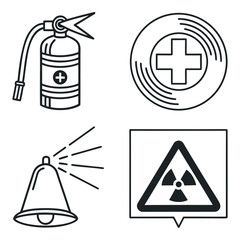 "Emergency & Hazard Line Icons | Fire Safety, First Aid, Rescue, Warning & Protection Symbols Vector"