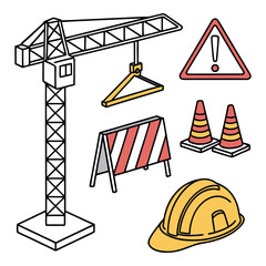 "Construction Zone Safety Icons | Crane, Barrier, Caution Sign, Industrial Hazard & PPE Vector Set"