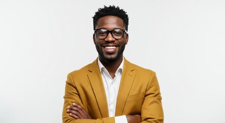 Confident young businessman in formal suit with eyeglasses posing in studio with arms crossed and bright white background