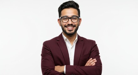 Confident young businessman in formal suit with eyeglasses posing in studio with arms crossed and bright white background