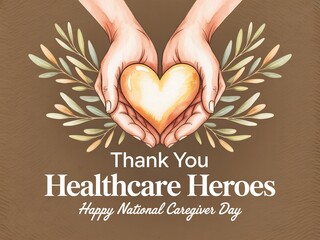 Hands holding a glowing heart surrounded by leaves honoring healthcare heroes on national caregiver day