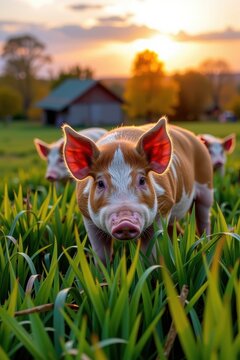 Berkshire pigs forage in a lush green pasture as the sun dips below the horizon, casting a warm golden light, pig, evening