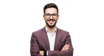 Confident young businessman in formal suit with eyeglasses posing in studio with arms crossed and bright white background