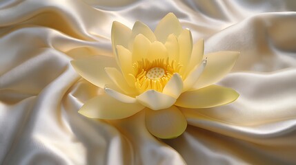 Fototapeta premium delicate lotus flower, soft cream petals, vibrant yellow center, ethereal beauty, intricate details, serene nature, macro photography, high resolution, detailed texture, photorealistic