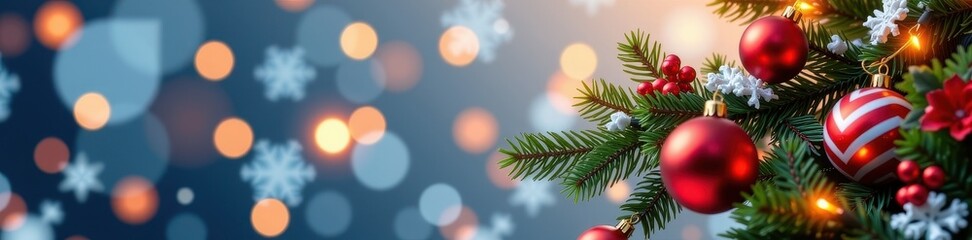 Festive Christmas background with twinkling lights, ornaments, and evergreen branches creating a cozy winter scene, branches, texture, snow