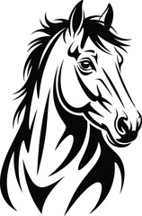 Black and white horse illustration, flowing mane, expressive eye, bold lines, stylized sketch, animal art, vector drawing, equine portrait