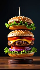 Floating hamburger layers defy gravity, sesame bun, juicy patty, melted cheese, crisp lettuce, tomato slices, onion rings, photography, rings, floating