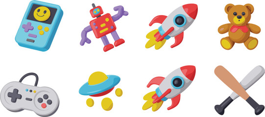 Colorful cartoon toy collection with rocket, teddy bear, robot, game controller, UFO, and baseball bat illustration for kids