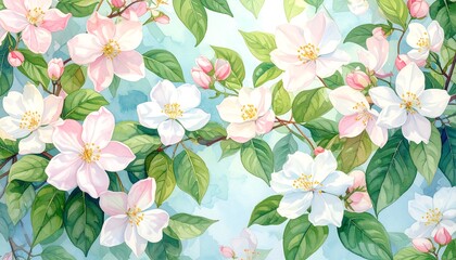 Gentle white and pink blooms amidst green leaves and soft blue backdrop, a serene scene