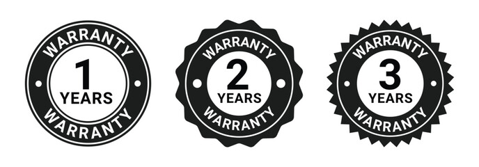 Set of Three  black circular warranty badges from 1 to 6 years with bold text, used for product assurance and service guarantees.