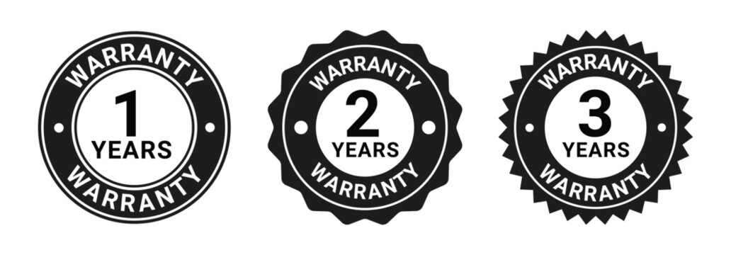Set of Three  black circular warranty badges from 1 to 6 years with bold text, used for product assurance and service guarantees.