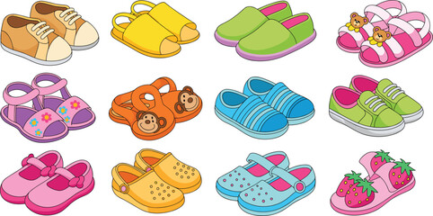 Cartoon collection of colorful kids shoes, sandals, sneakers, slippers, and baby footwear, cute footwear designs for children illustration set