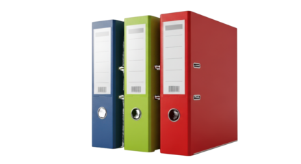 Three colorful ring binders on a isolated on a transparent background office supplies stationery